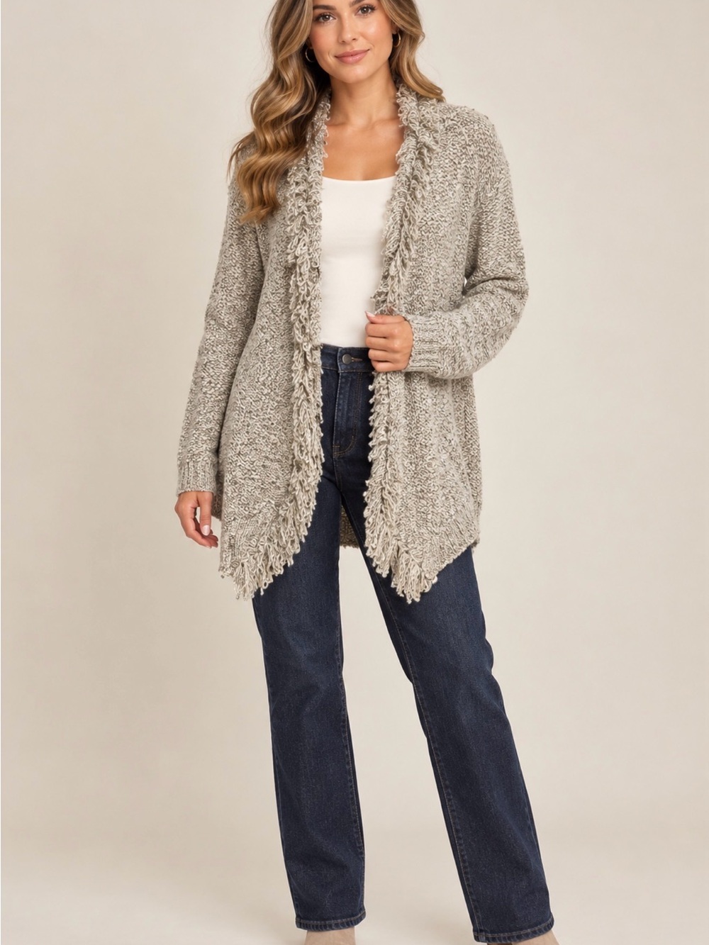 Fringed Open-Front Cardigan Sweater - Light Taupe